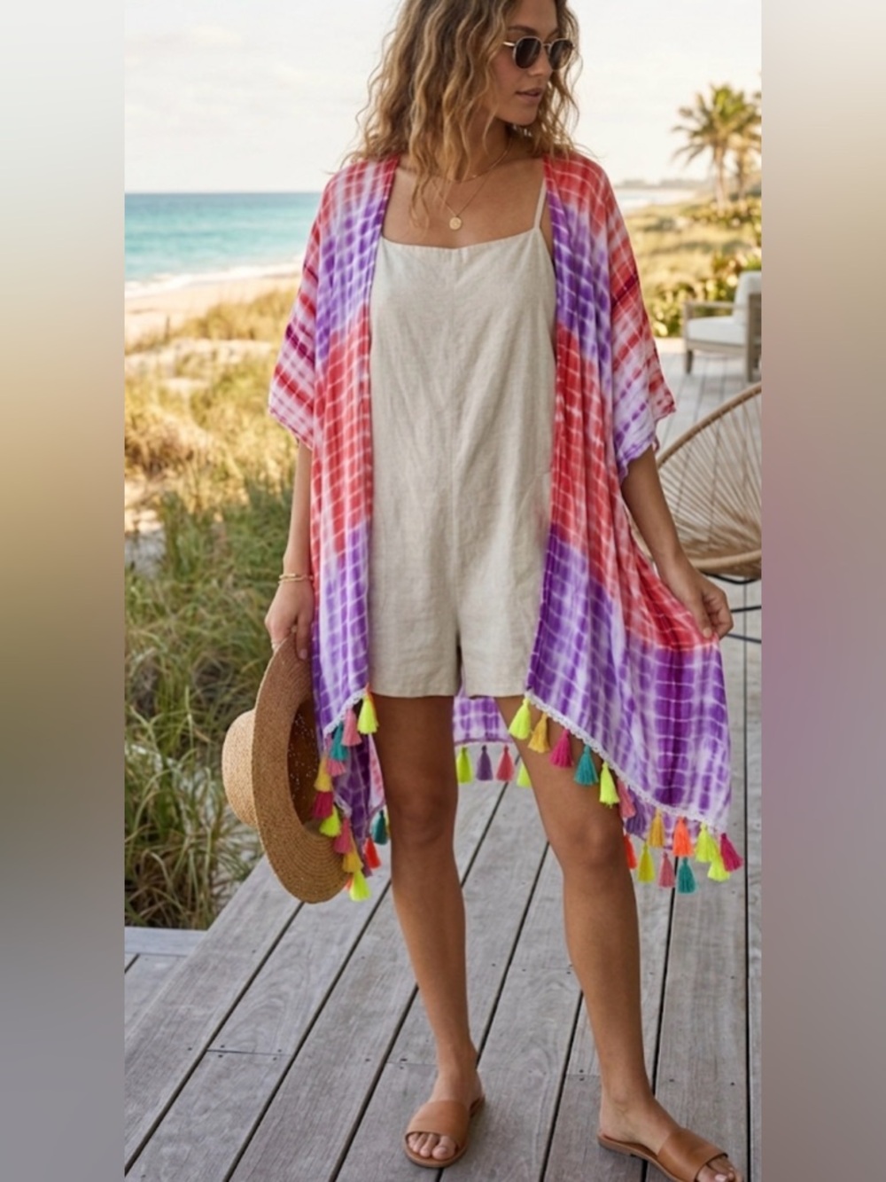 Kori Pink & White Tie-Dye kimono coverup s/m vacation beachy cruise resort ae